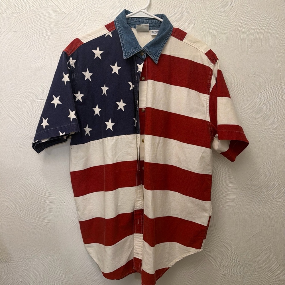 American Flag Shirt with Denim Collar